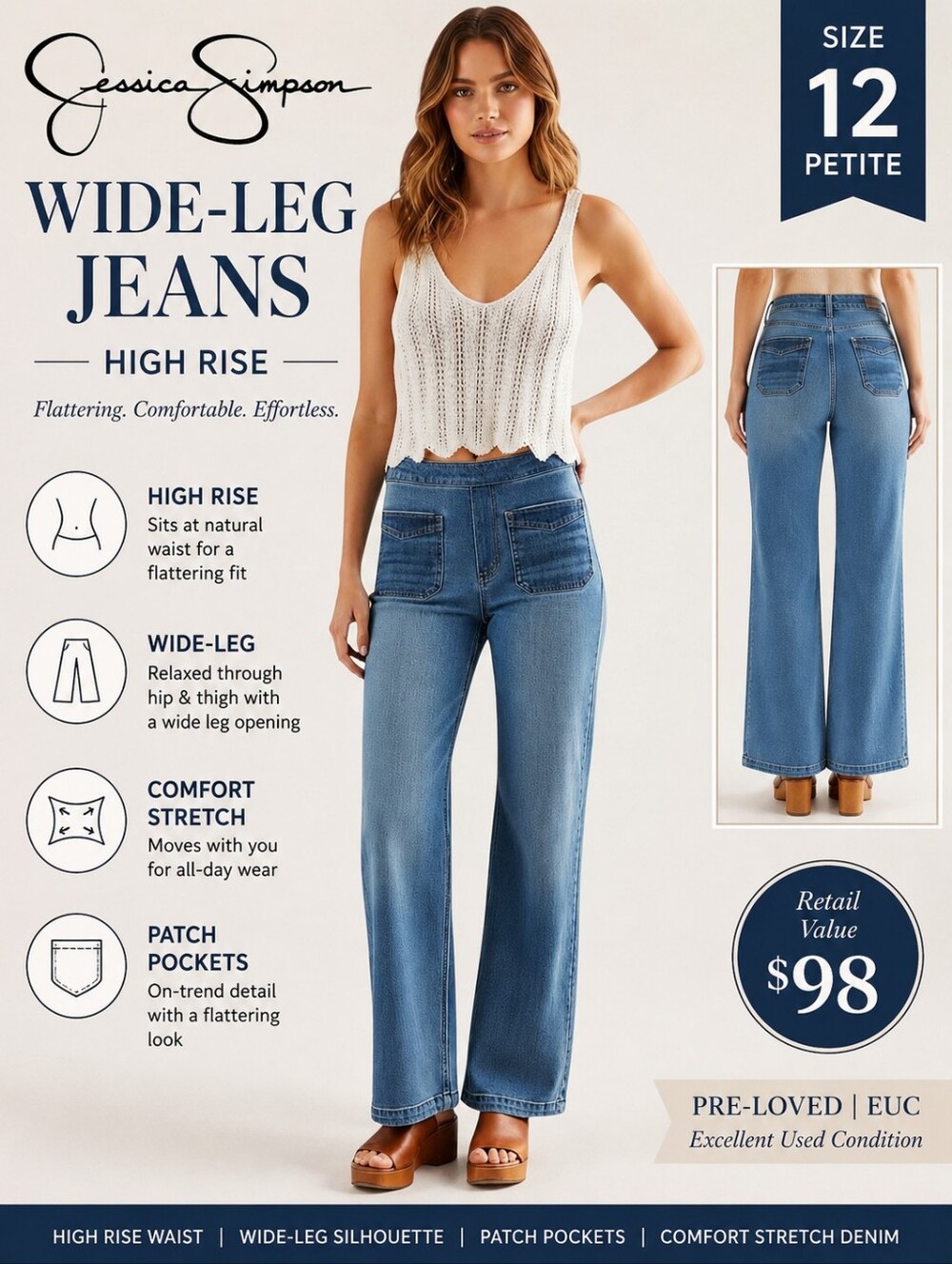 Jessica Simpson Wide-Leg Jeans High Rise| 12 Petite |Blue Denim EUC $98 Retail